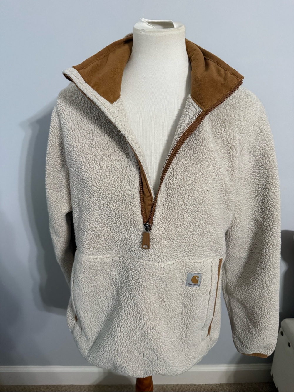Carhartt women’s  Ivory Sherpa Zip-Up Pullover with Tan Trim